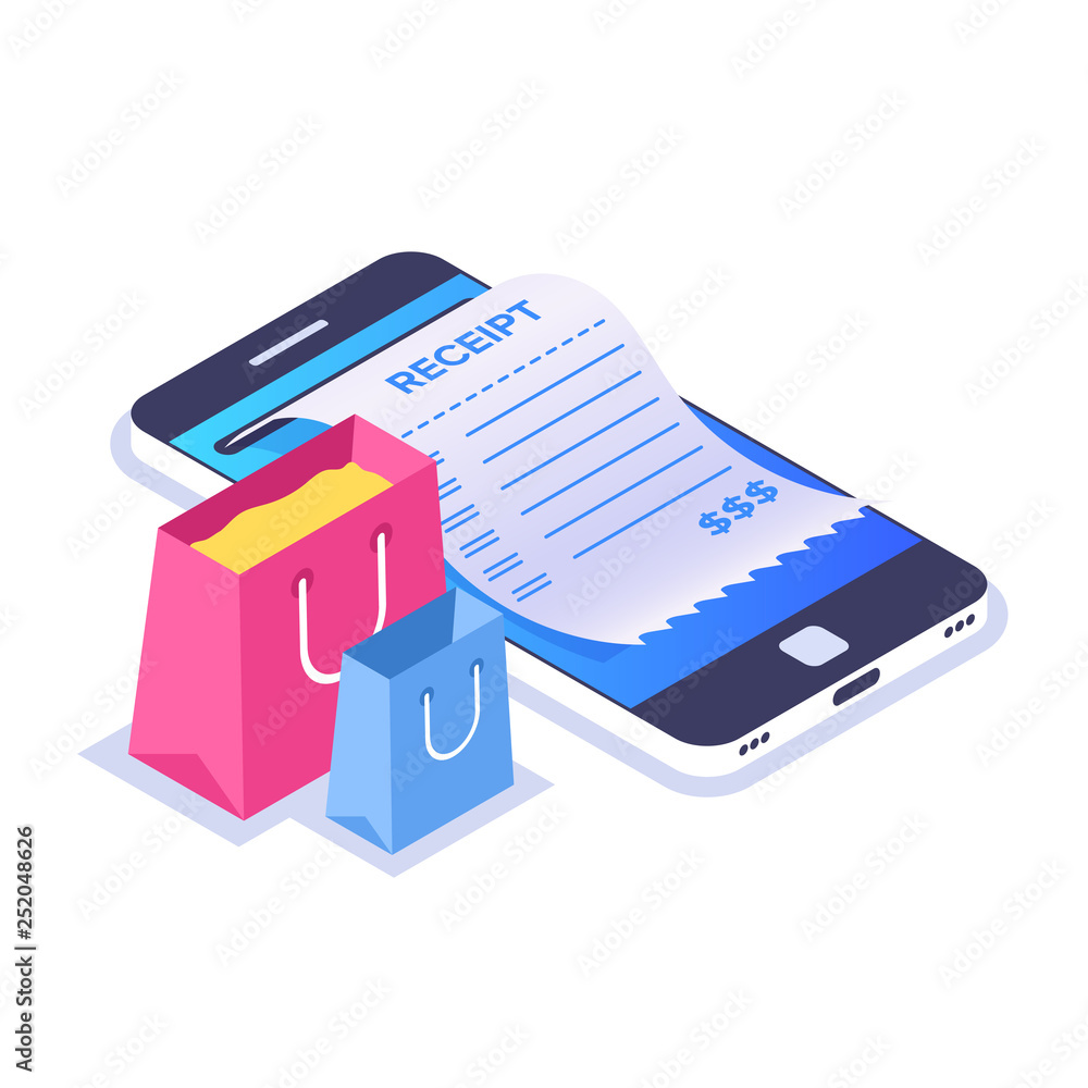 Isometric Online Shopping Concept. Smartphone with the image of the sales receipt. Paper shopping bags. Isolated on white background. Isometric Online Shopping Concept. Smartphone with the image of the sales receipt. Paper shopping bags. Isolated on white background.
