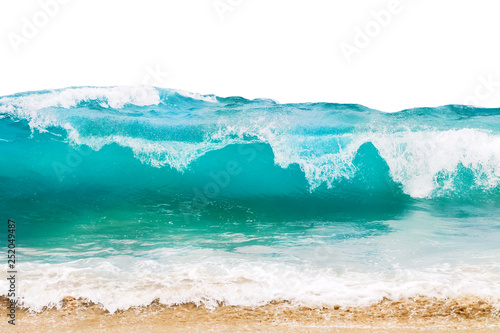 Fototapeta Naklejka Na Ścianę i Meble -  Blue and aquamarine color sea waves and yellow sand  with white foam isolated on white background. Marine beach background.