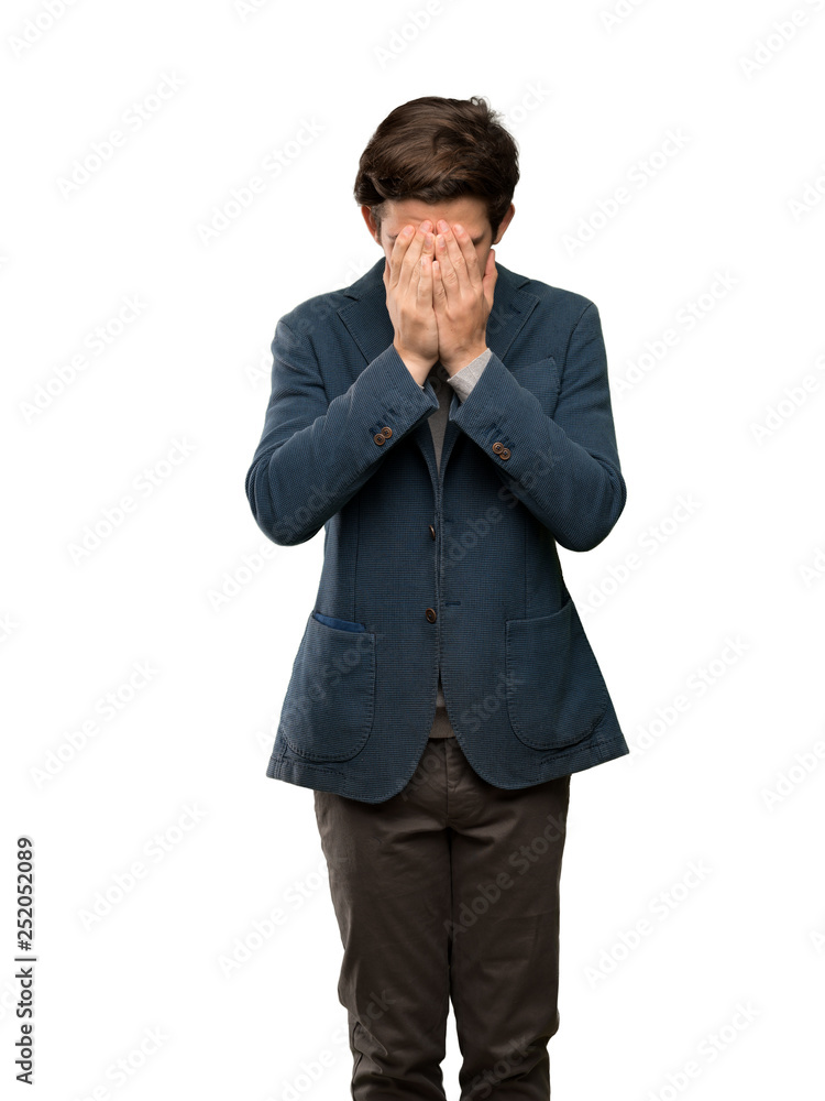 Teenager man with turtleneck with tired and sick expression over isolated white background Teenager man with turtleneck with tired and sick expression over isolated white background
