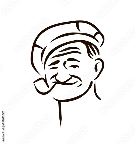 Hand Drawn vintage hipster sailor with thick beard and pipe on white background