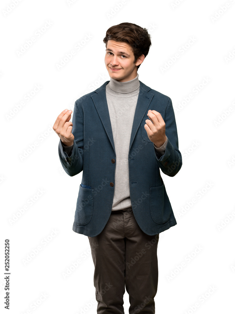 Teenager man with turtleneck making money gesture over isolated white background Teenager man with turtleneck making money gesture over isolated white background