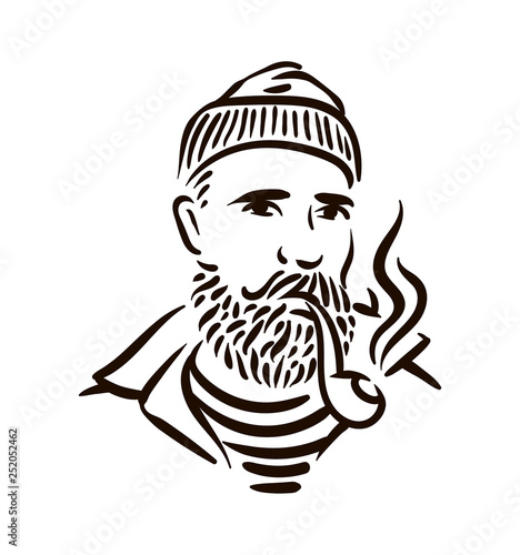 Hand Drawn vintage hipster sailor with thick beard and pipe on white background