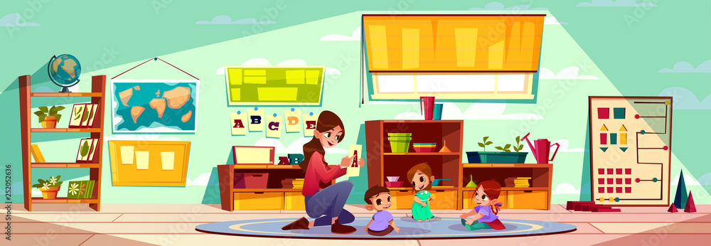 Female teacher of montessori kindergarten or pre-primary school studying alphabet letters with group of little children siting on carpet cartoon vector illustration. Early childhood education concept