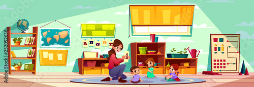 Female teacher of montessori kindergarten or pre-primary school studying alphabet letters with group of little children siting on carpet cartoon vector illustration. Early childhood education concept