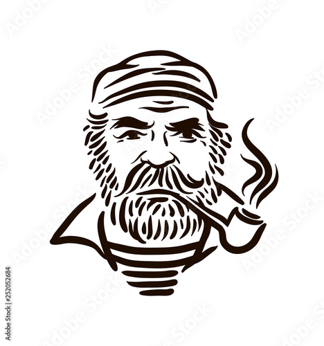 Hand Drawn vintage hipster sailor with thick beard and pipe on white background