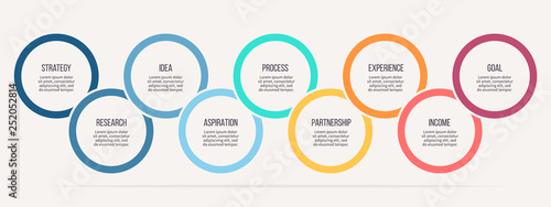 Business infographics. Timeline with 9 steps, options, circles. Vector template.