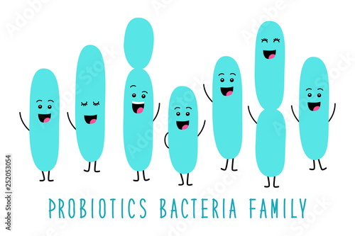 Funny probiotics bacteria family cartoon characters isolated on white, gut and intestinal flora, set in flat style