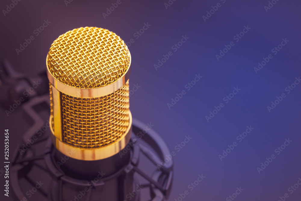 Close-up condenser gold microphone with luxury. Composition on the left  side with free space on the right. Artistic style. Stock Photo | Adobe Stock