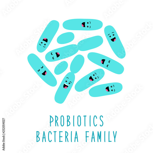Funny probiotics bacteria family cartoon characters isolated on white, gut and intestinal flora, set in flat style