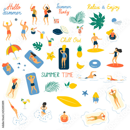 Hello Summer vector illustration. Enjoying people having party, chilling, playing, sunbathing and relaxing near the sea or ocean with tropical leaves, cocktails under umbrella at the beach.
