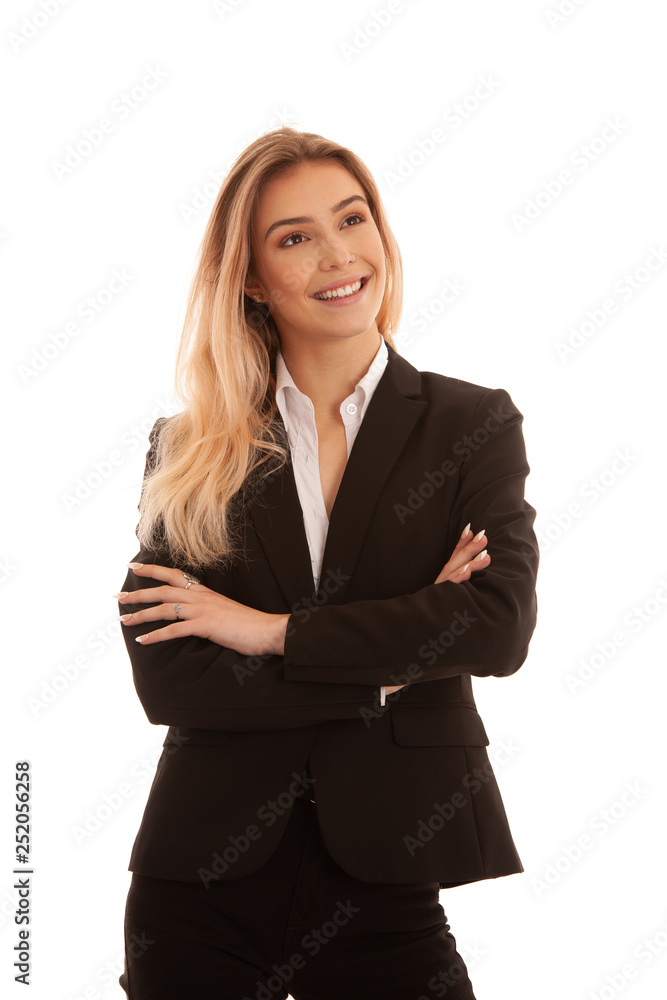 Beautiful blond young business woman in black suit isolated over white Beautiful blond young business woman in black suit isolated over white