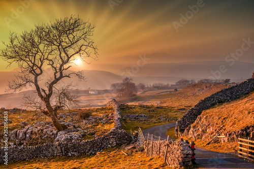 Sunset across the Yorkshire Dale from above the market town of Settle