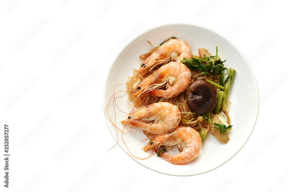 shrimp steamed with glass noodle and ginger on white plate shrimp steamed with glass noodle and ginger on white plate