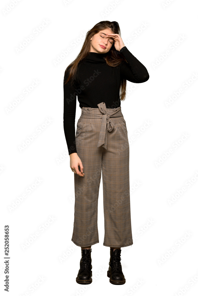 Full-length shot of Pretty girl with tired and sick expression on isolated white background Full-length shot of Pretty girl with tired and sick expression on isolated white background