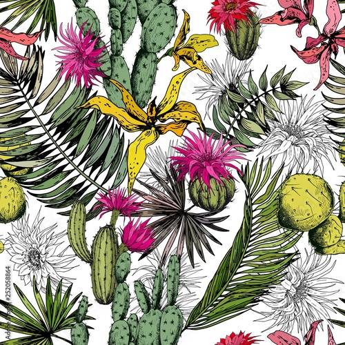 Seamless pattern with cactus plants, tropical leaves and flowers. Hand drawn vector on white background.