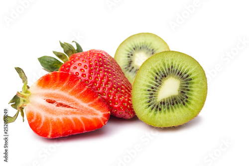 Fruit composition of kiwi and strawberries on white