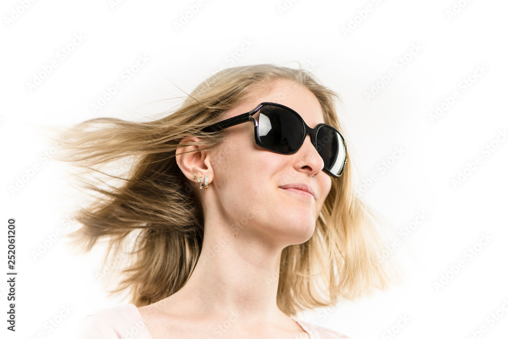 face of a pretty girl blonde in sunglasses close-up on a white background face of a pretty girl blonde in sunglasses close-up on a white background