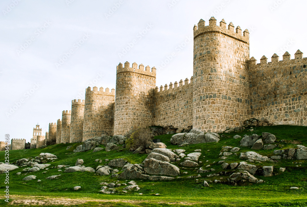 The fortress wall of the medieval city of Avila in Spain.