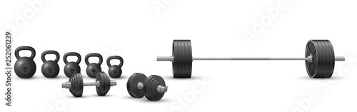 Beautiful realistic fitness vector of an olympic barbell, black iron loadable dumbbels and a set of kettlebells on white background. photo
