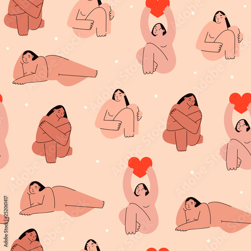 Beautiful plus size women in various poses. Body positive concept. Attractive overweight girls. For Fat acceptance movement. Hand drawn vector seamless pattern. Beige background