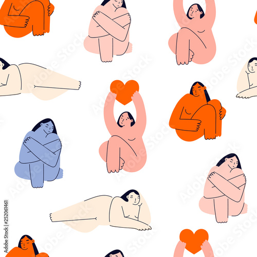 Beautiful plus size women in various poses. Body positive concept. Attractive overweight girls. For Fat acceptance movement. Hand drawn vector seamless pattern