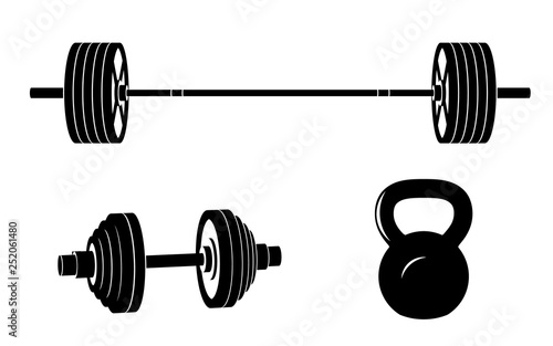 Simple black ketttlebell, dumbbell and barbell icon vector set on white background.