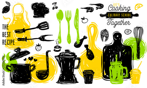 Culinary school logo design label sticker poster banner. Kitchen utensils food elements. Soup pot knife fork spoon plate pan Hand drawn vector design illustration.