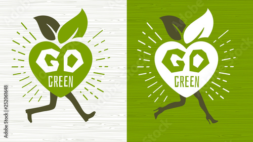 Go green ecology Happy Earth Day emblem logo design lettering fresh green leaves concept icon label sticker design. Bright stylish hearts walking running legs leaves Hand drawn vector illustration