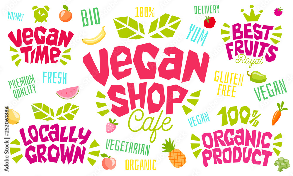 Colorful lettering sign healthy food emblem vegan shop logo design lettering farmer  fresh fruits vegan food green concept icon labels sticker design, ripe fruit, berries, vegetables. Hand drawn