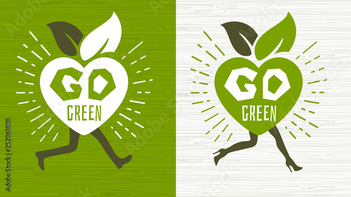 Go green ecology Happy Earth Day emblem logo design lettering fresh green leaves concept icon label sticker design. Bright stylish hearts walking running legs leaves Hand drawn vector illustration
