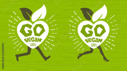 Go vegan healthy ecology emblem logo design lettering fresh green leaves concept icon label sticker design. Bright stylish hearts walking running legs leaves Hand drawn vector illustration