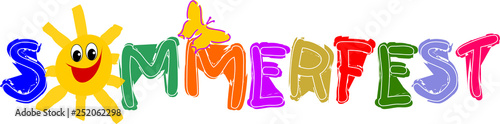 Sommerfest Schrift mit lachender Sonne und Schmetterling