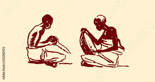 Vector illustration of  Native black skinned ethnical people of Africa tribes and .