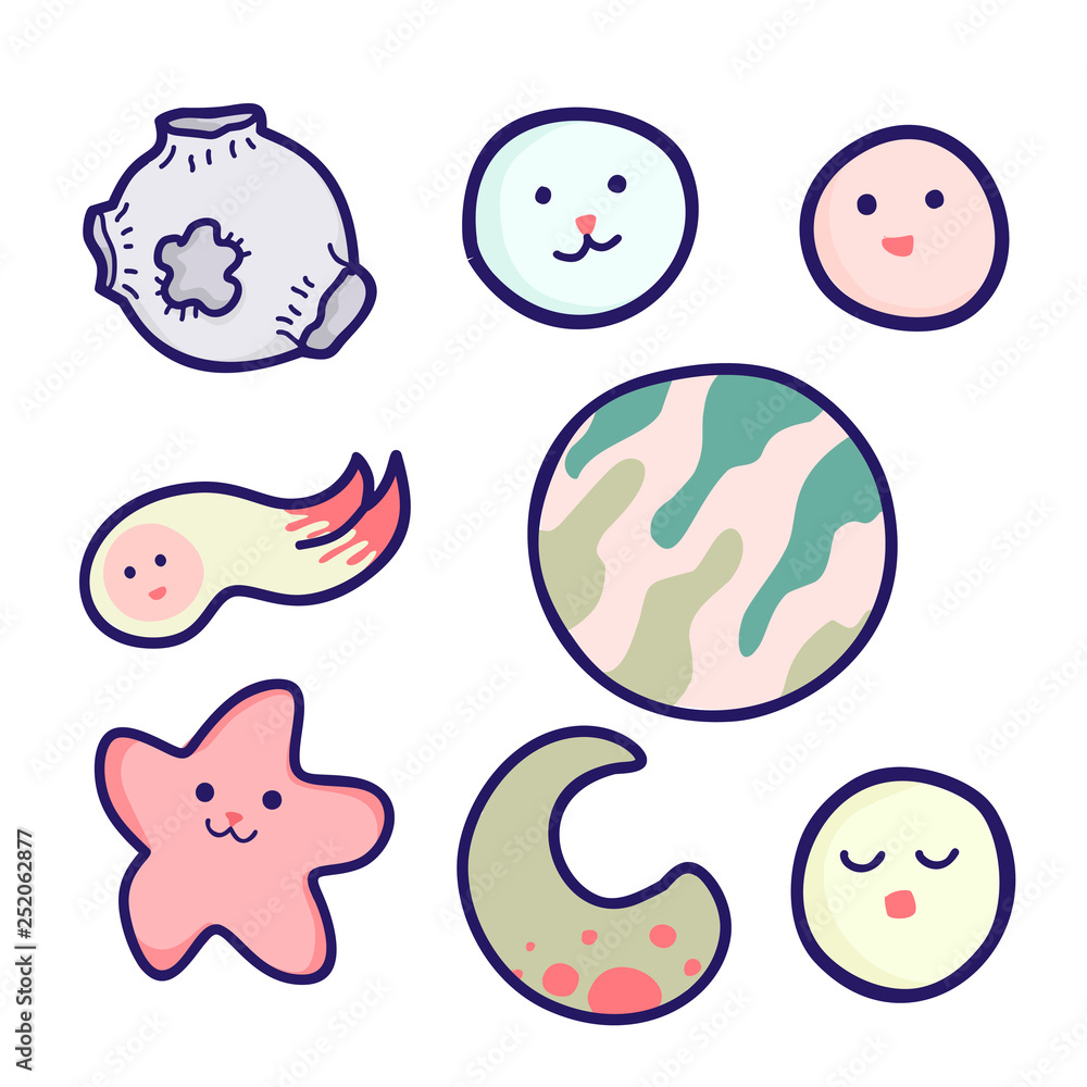 Cute cartoon planets with faces. Vector illustration Cute cartoon planets with faces. Vector illustration