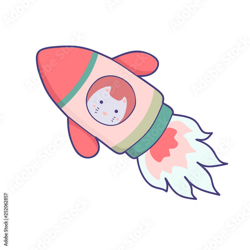 Japanese kawaii cat travels in space. Vector funny animals clip art.