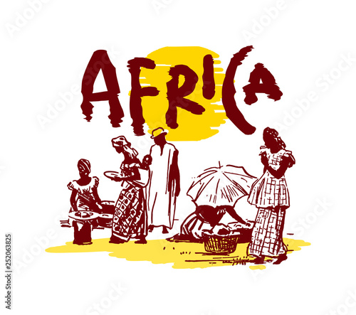 Vector illustration of  Native black skinned ethnical people of Africa tribes and .