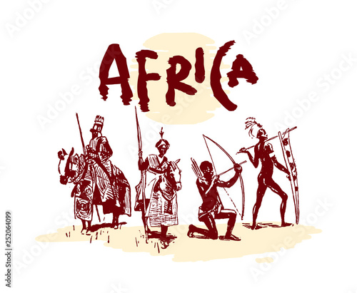 Vector illustration of  Native black skinned ethnical people of Africa tribes and .