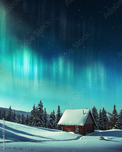 Fantastic winter landscape with wooden house in snowy mountains and northen light in night sky photo