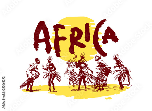Vector illustration of  Native black skinned ethnical people of Africa tribes and .