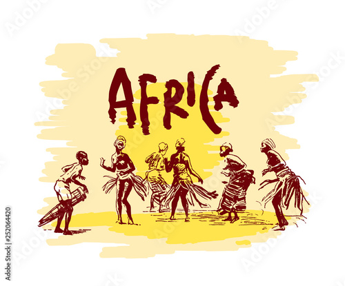 Vector illustration of  Native black skinned ethnical people of Africa tribes and .