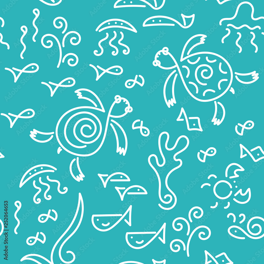 Seamless pattern. Vector Doodle background. Underwater world. Two Sea Turtle, fish, underwater plants.