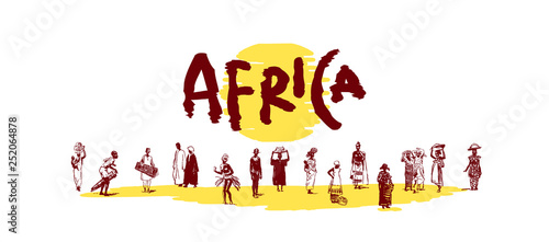 Vector illustration of  Native black skinned ethnical people of Africa tribes and .
