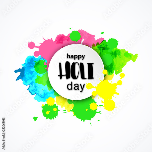 Happy HOLI Day lettering watercolor banner with hand drawn textured splashes. Hindu, Dhulandi, Rangpanchami festival card. Painted blust, powder explosion, fluid.