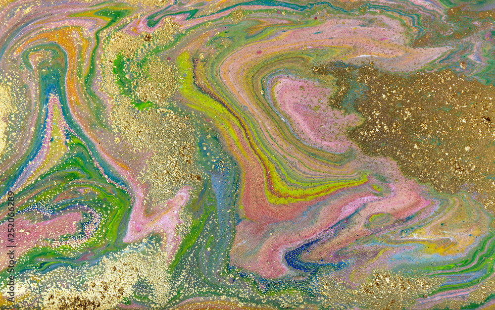 Red, green and gold marbling pattern. Golden marble liquid texture.