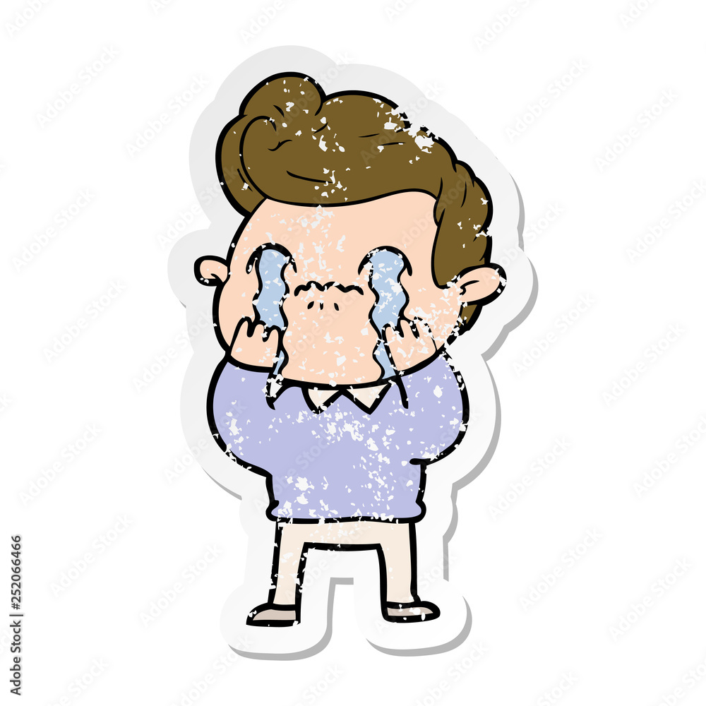 distressed sticker of a cartoon man crying distressed sticker of a cartoon man crying
