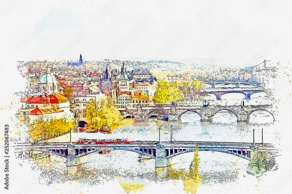 Watercolor sketch or illustration of a beautiful view of the traditional architecture in Prague in the Czech Republic. Cityscape or urban skyline