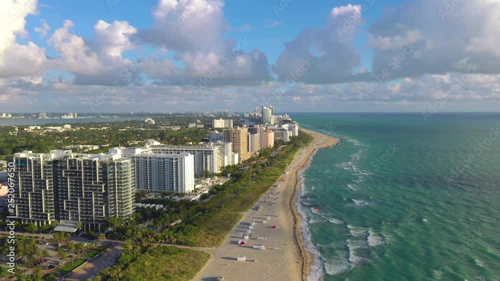 MIAMI, FLORIDA, USA - JANUARY 2019: Aerial drone panorama view flight over South Miami beach ocean coastline. MIAMI, FLORIDA, USA - JANUARY 2019: Aerial drone panorama view flight over South Miami beach ocean coastline.