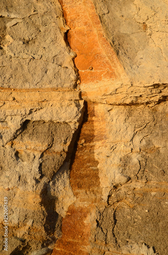 Cracked surface of a clay slope. The cracks have allowed access of oxygen, so the ferrous soil has oxidated along the cracks.
