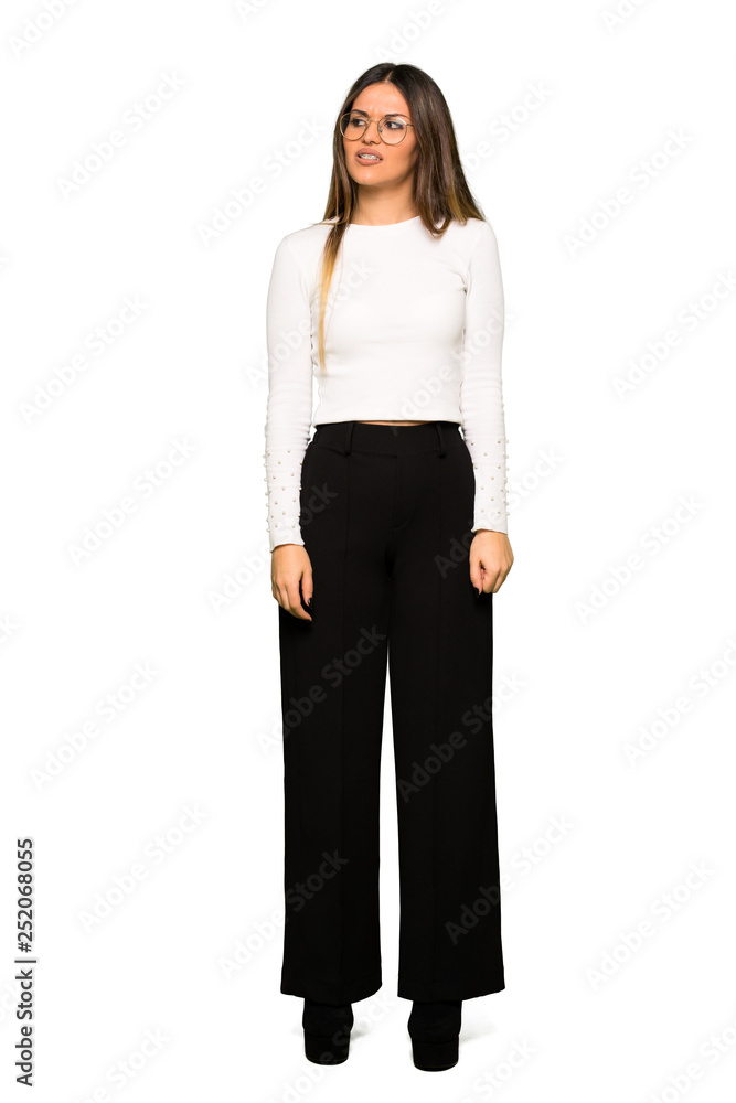 Full body of Pretty woman with glasses is a little bit nervous and scared pressing the teeth Full body of Pretty woman with glasses is a little bit nervous and scared pressing the teeth