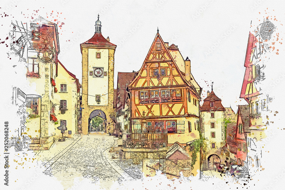 A watercolor sketch or illustration of a beautiful street in Rothenburg ob der Tauber in Germany with beautiful houses in German style